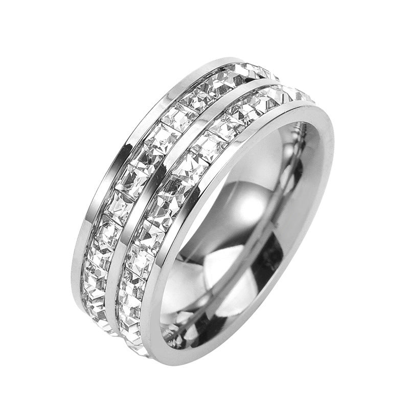 Hot Stainless Steel Single and Double Rows Full Diamond Titanium Steel Couple Rings for Women with Small Square Diamonds Personalized Simple Card Plus Titanium Steel Rings