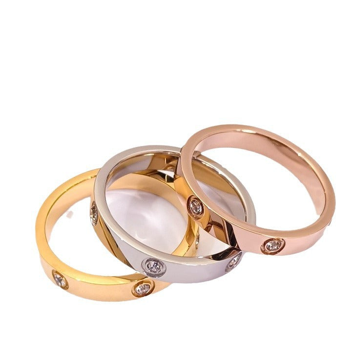 Hot Stainless Steel Single and Double Rows Full Diamond Titanium Steel Couple Rings for Women with Small Square Diamonds Personalized Simple Card Plus Titanium Steel Rings