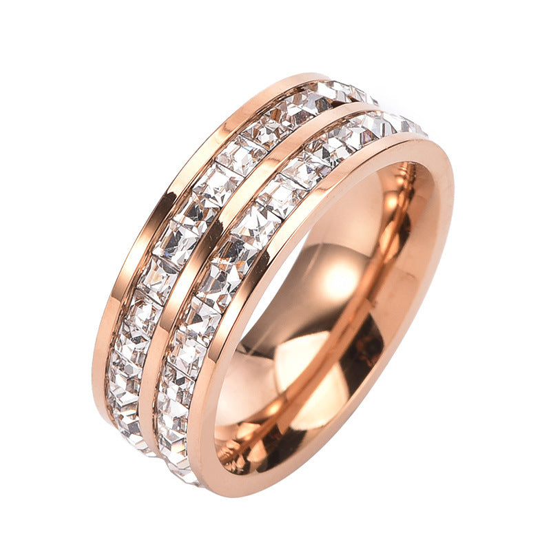 Hot Stainless Steel Single and Double Rows Full Diamond Titanium Steel Couple Rings for Women with Small Square Diamonds Personalized Simple Card Plus Titanium Steel Rings