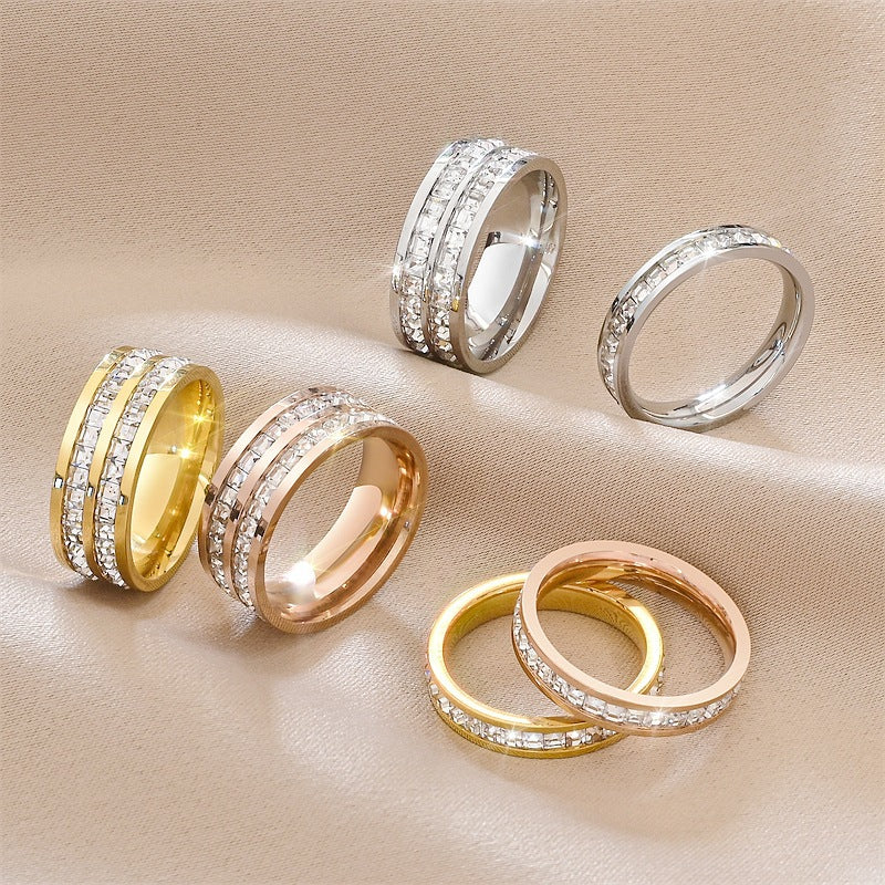 Hot Stainless Steel Single and Double Rows Full Diamond Titanium Steel Couple Rings for Women with Small Square Diamonds Personalized Simple Card Plus Titanium Steel Rings