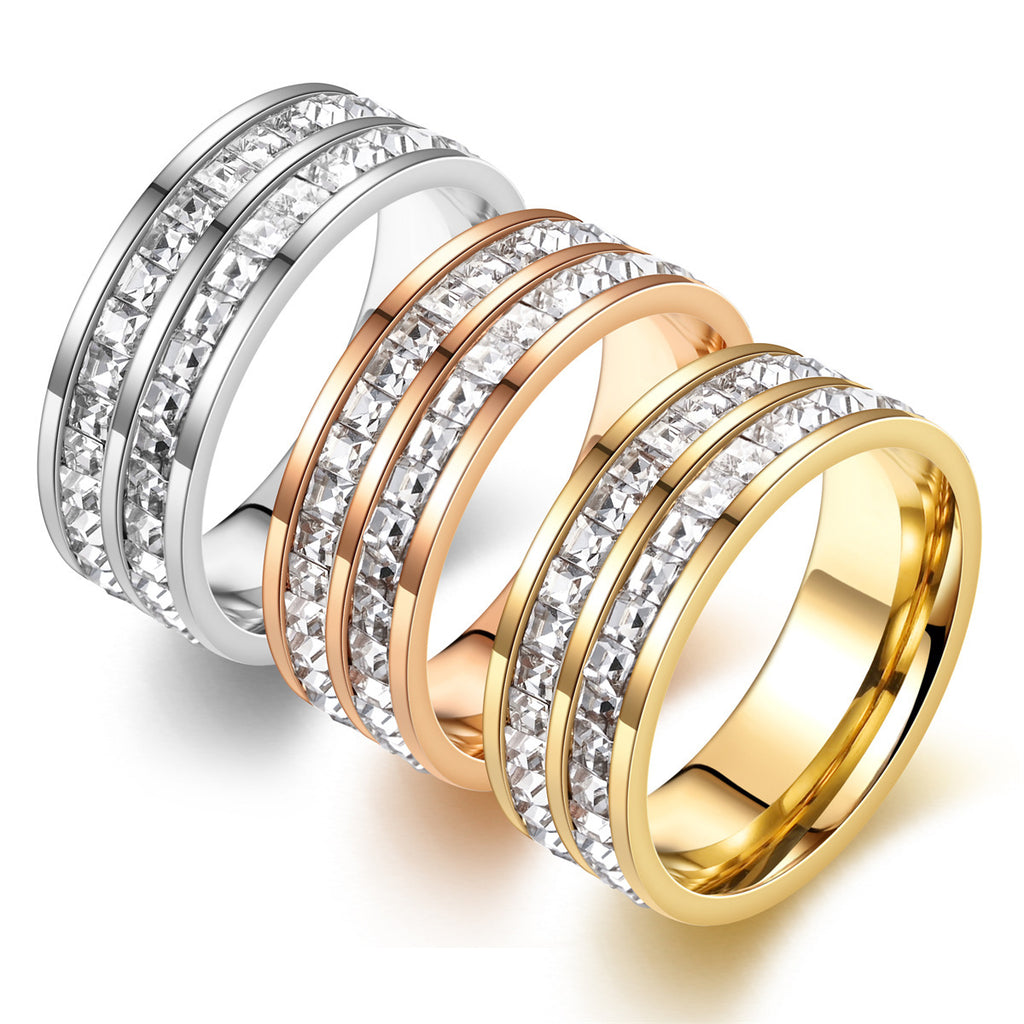 Hot Stainless Steel Single and Double Rows Full Diamond Titanium Steel Couple Rings for Women with Small Square Diamonds Personalized Simple Card Plus Titanium Steel Rings