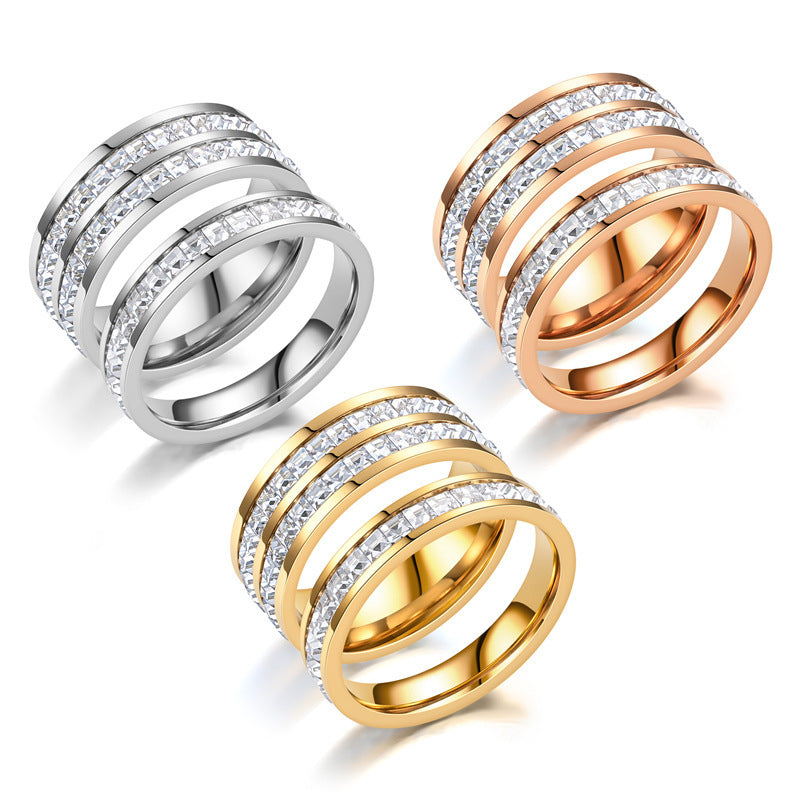 Hot Stainless Steel Single and Double Rows Full Diamond Titanium Steel Couple Rings for Women with Small Square Diamonds Personalized Simple Card Plus Titanium Steel Rings