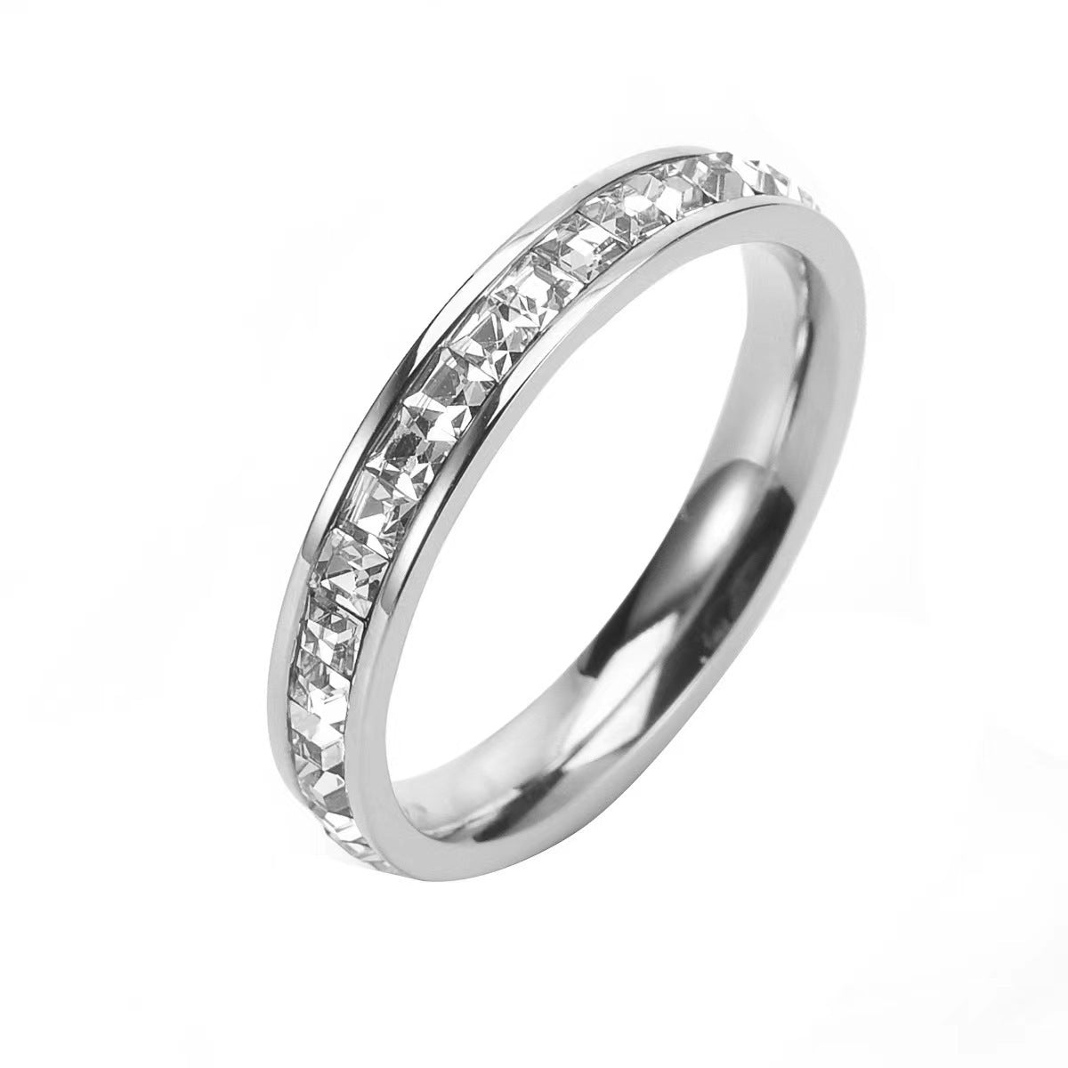 Hot Stainless Steel Single and Double Rows Full Diamond Titanium Steel Couple Rings for Women with Small Square Diamonds Personalized Simple Card Plus Titanium Steel Rings
