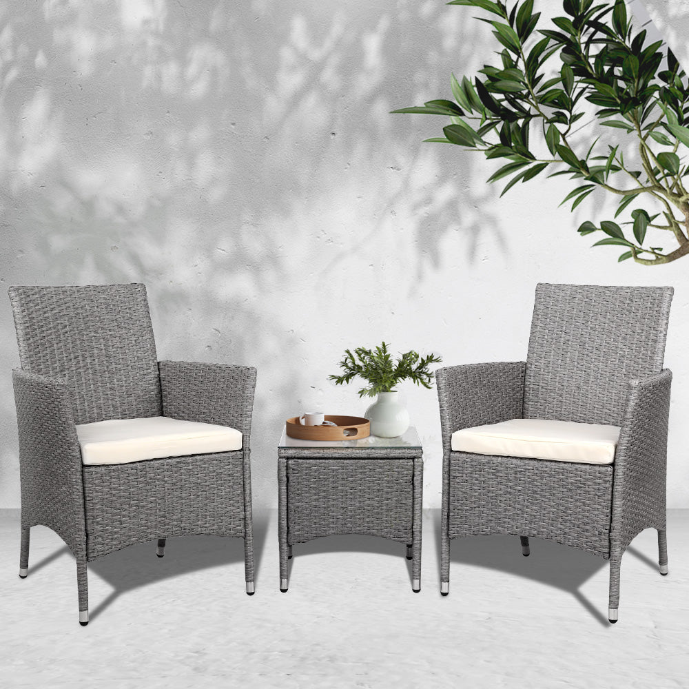 NNEDSZ 3 Piece Wicker Outdoor Chair Side Table Furniture Set - Grey-3