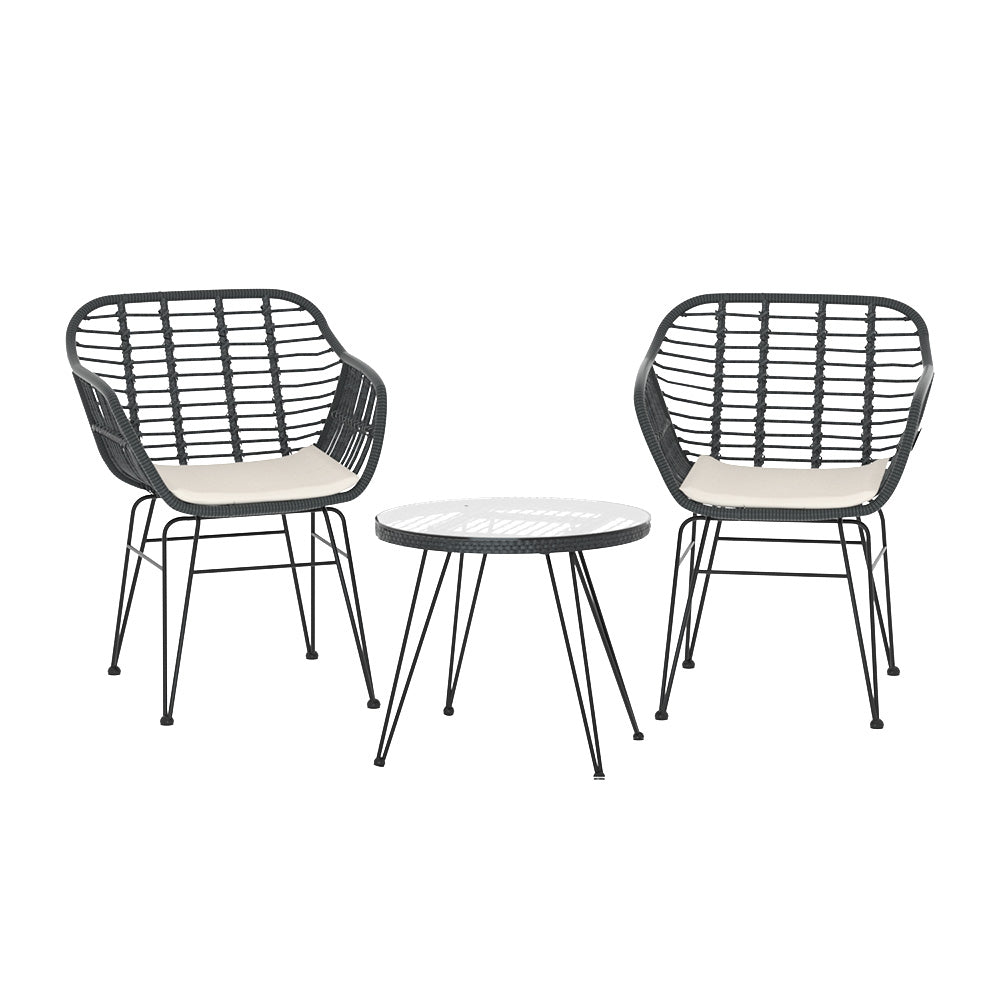NNEDSZ 3PC Outdoor Furniture Bistro Set Lounge Setting Table Chairs Cushion Patio Grey-2