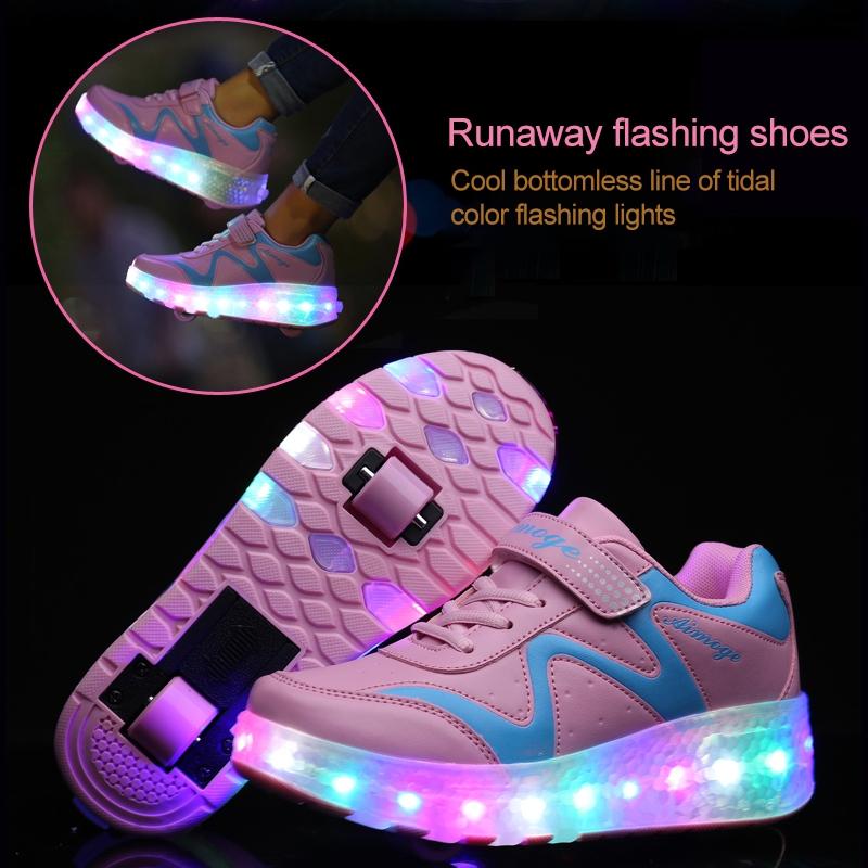 NNEIDS Rechargeable Double Wheel Roller Skating Shoes - Pink Size 36-4