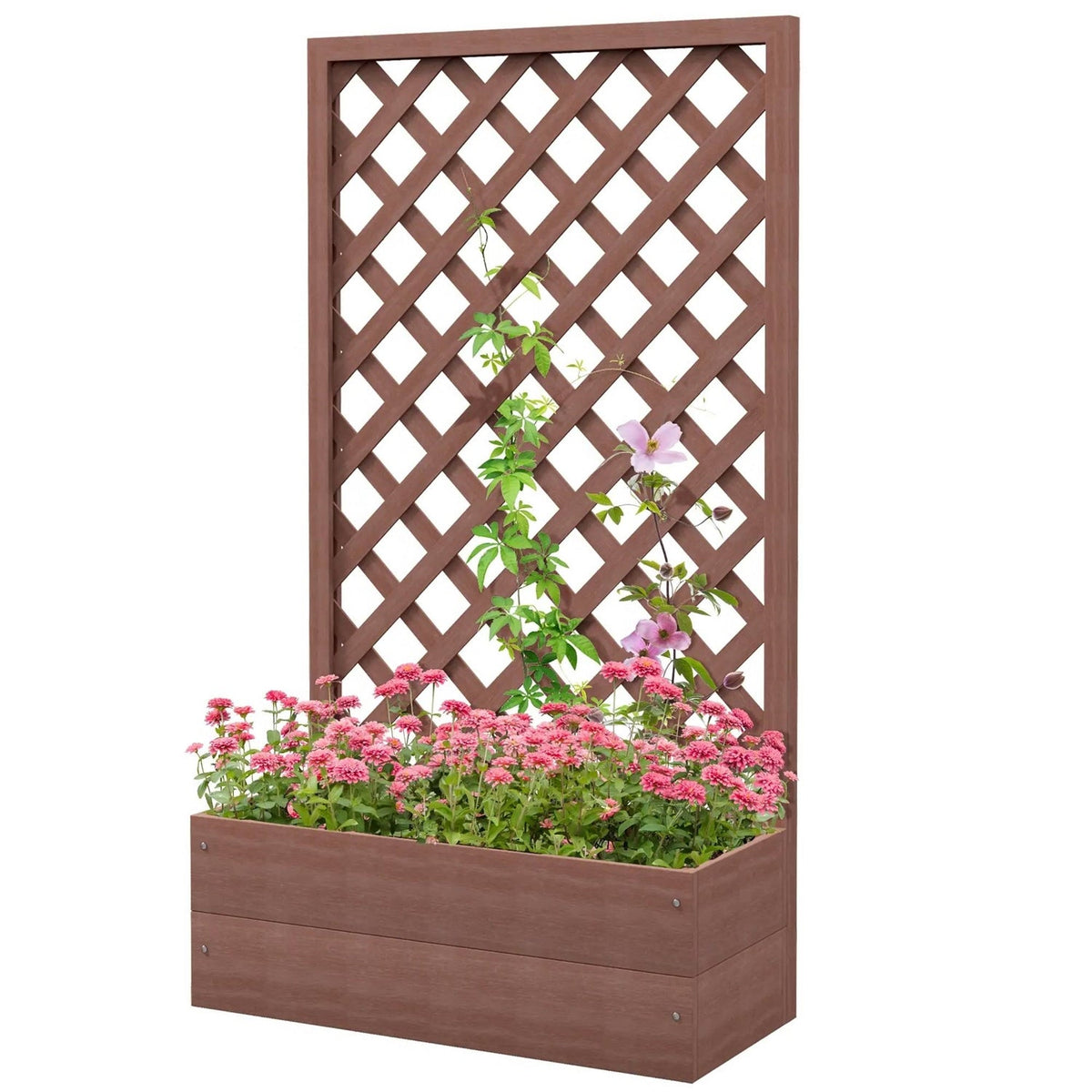 Outdoor Brown Wooden Raised Garden Bed Planter Box with Lattice Trellis-0