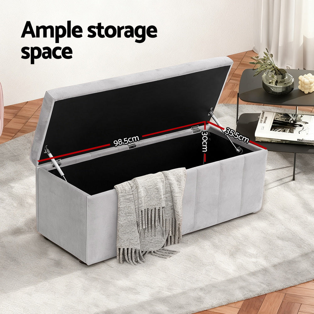 Artiss Storage Ottoman Blanket Box Velvet Grey 103cm-3