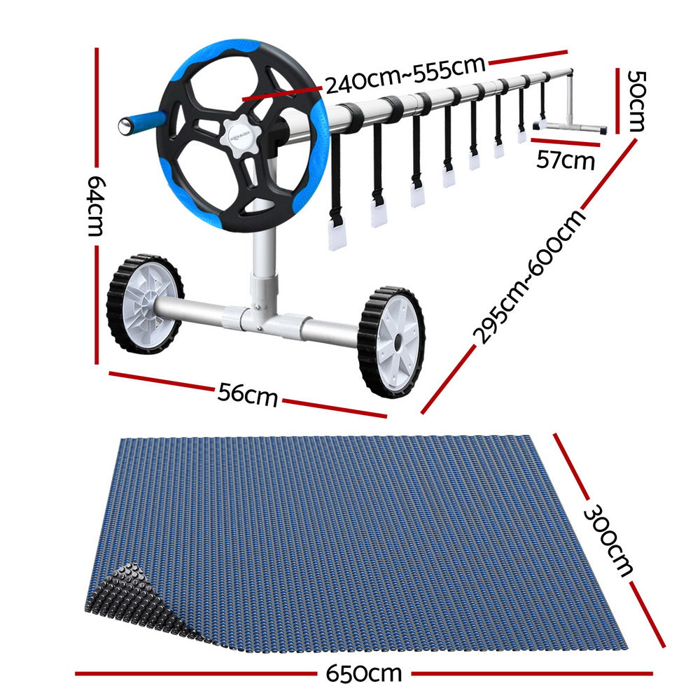 NNEDSZ Pool Cover 600 Micron 6.5x3m w/ Roller 5.55m Black Solar Blanket-1