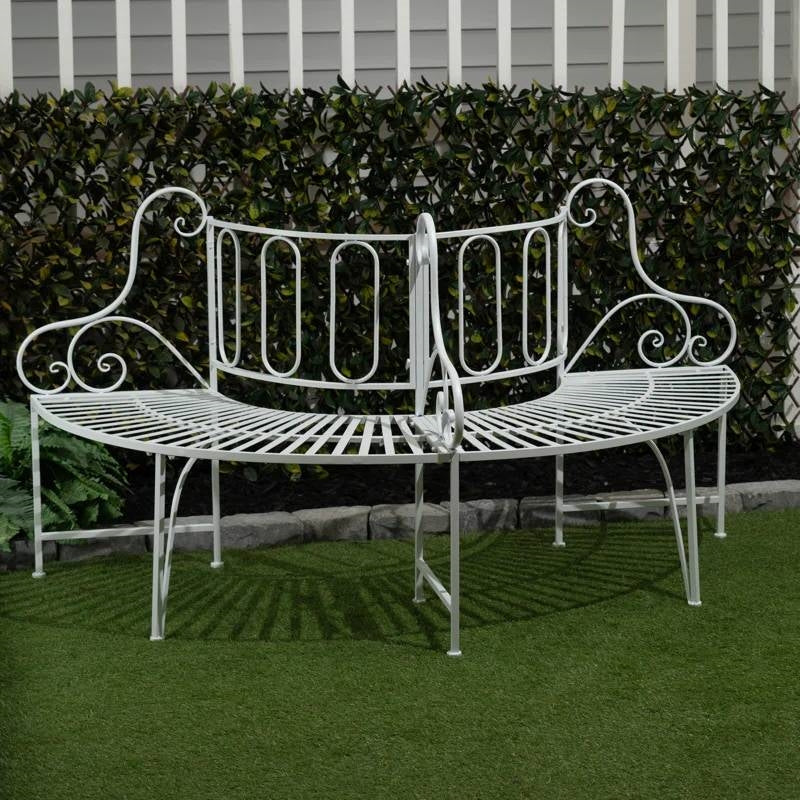 Half-Circle White Metal Outdoor Patio Garden Tree Bench-1