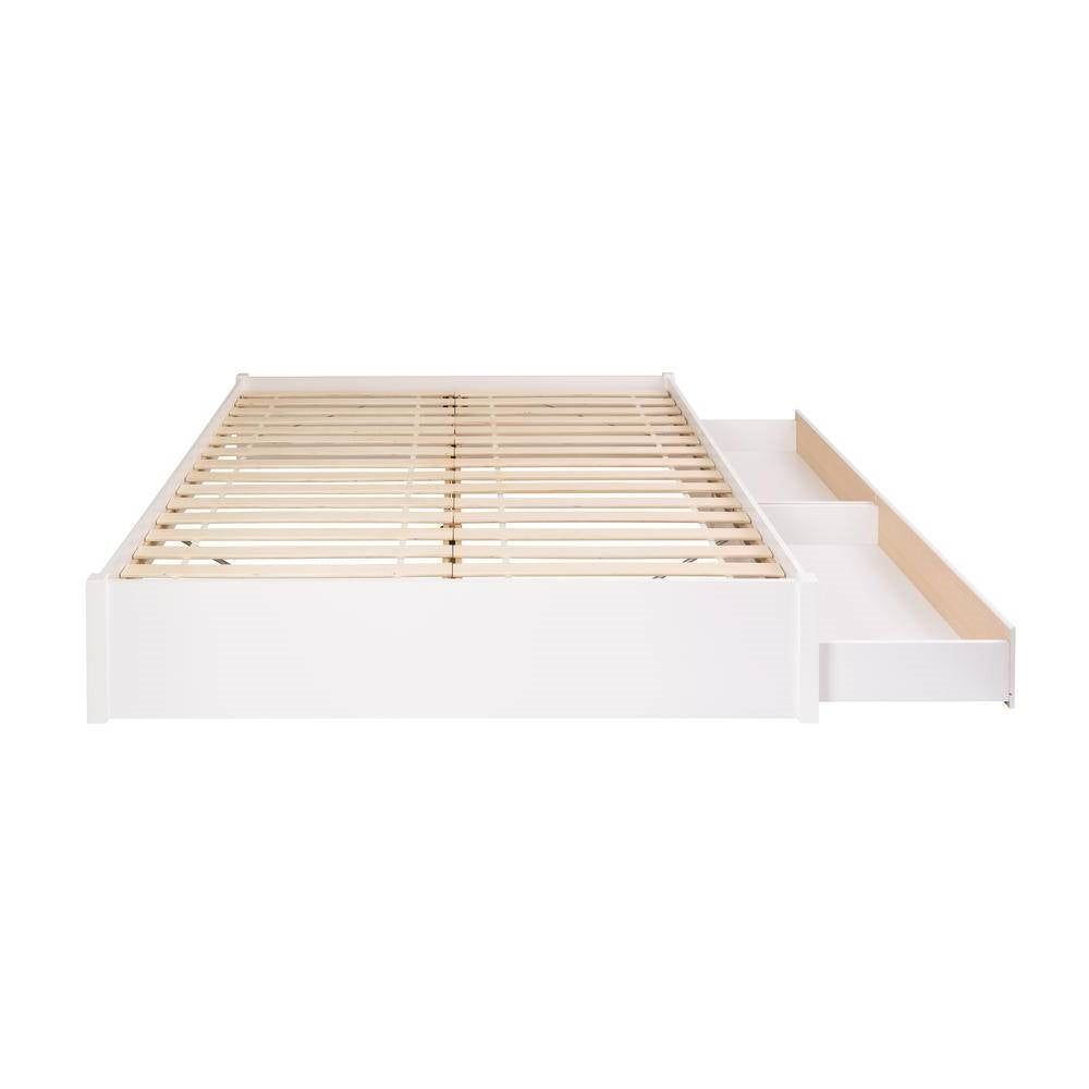King Size 2 Drawer Storage White Wooden 4 Post Platform Bed  Frame-3