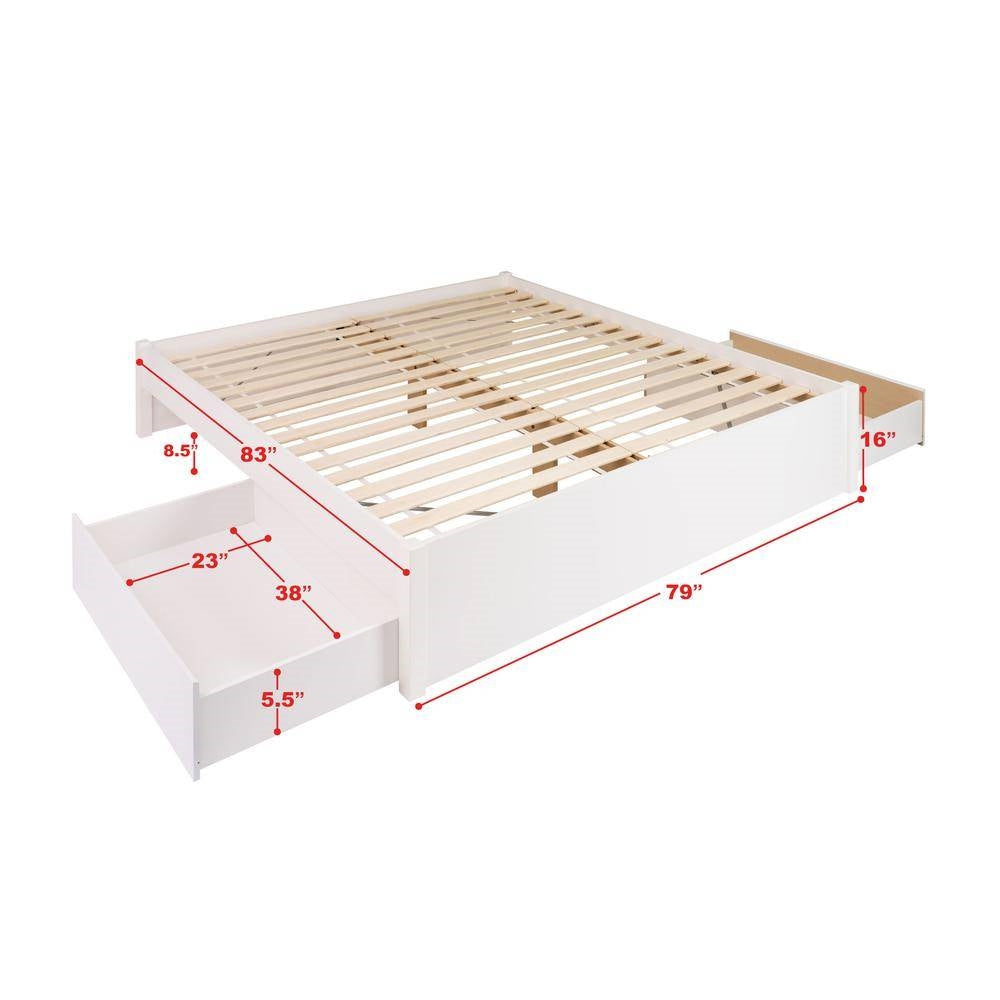 King Size 2 Drawer Storage White Wooden 4 Post Platform Bed  Frame-4