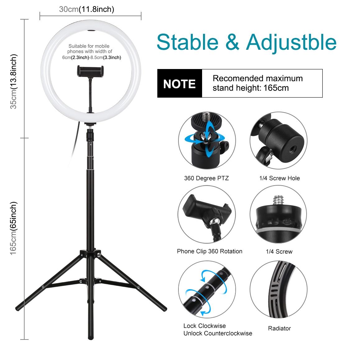 NNEIDS 11.8 Led Ring Light With Tripod And Phone Clamp - 3 Modes Dual Colour Temperature Dimmable - Black-3
