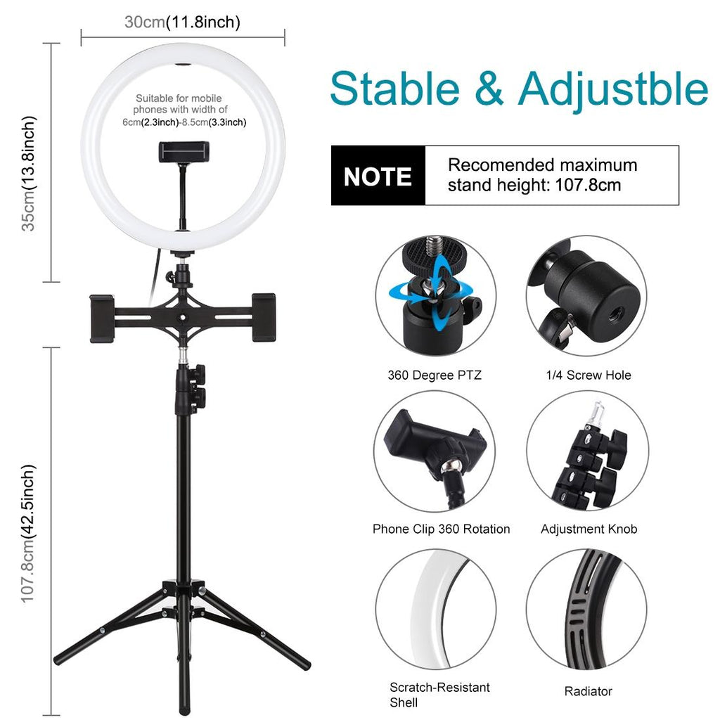 NNEIDS 11.8 Led Ring Light With Tripod & Dual Phone Brackets - Usb 3 Modes Dual Colour Temperature - Vlogging & Live Broadcast Kit-3