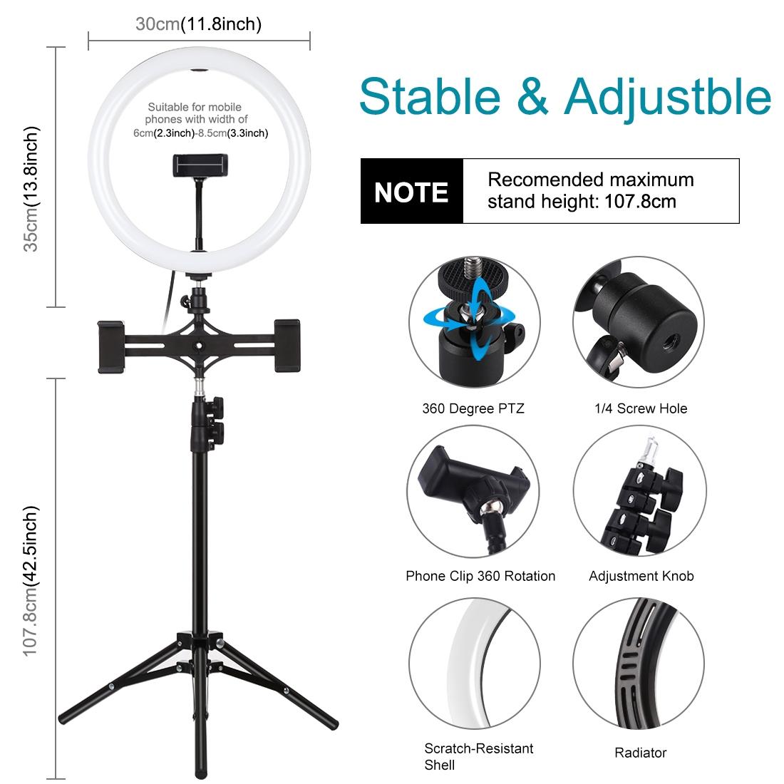 NNEIDS 11.8 Led Ring Light With Tripod & Dual Phone Brackets - Usb 3 Modes Dual Colour Temperature - Vlogging & Live Broadcast Kit-3
