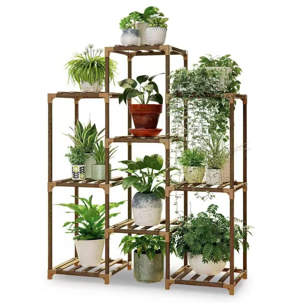 Natural Wood Bookcase Plant Stand Shelving Rack - Holds up to 9 Planters-0
