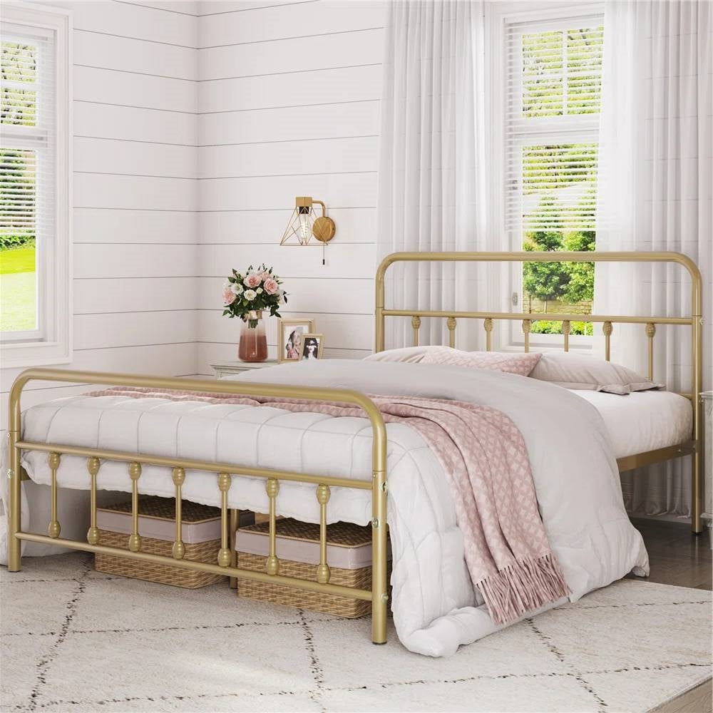 Queen Vintage Antique Gold Metal Platform Bed Frame with Headboard Footboard-0