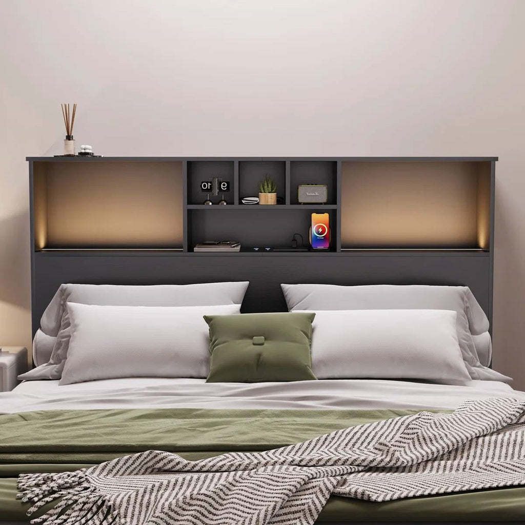 Queen size Bookcase Headboard in Black Wood Finish with LED Lights-0