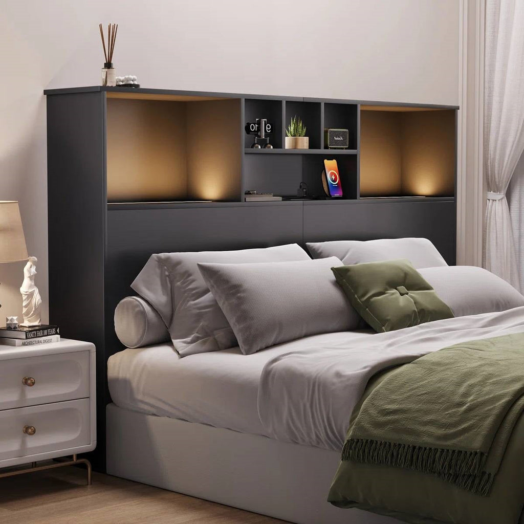 Queen size Bookcase Headboard in Black Wood Finish with LED Lights-2