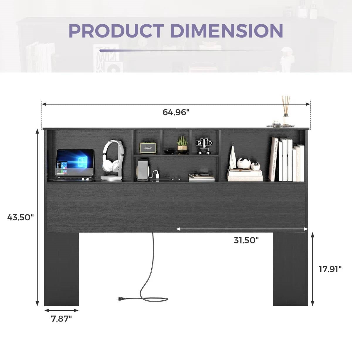 Queen size Bookcase Headboard in Black Wood Finish with LED Lights-4