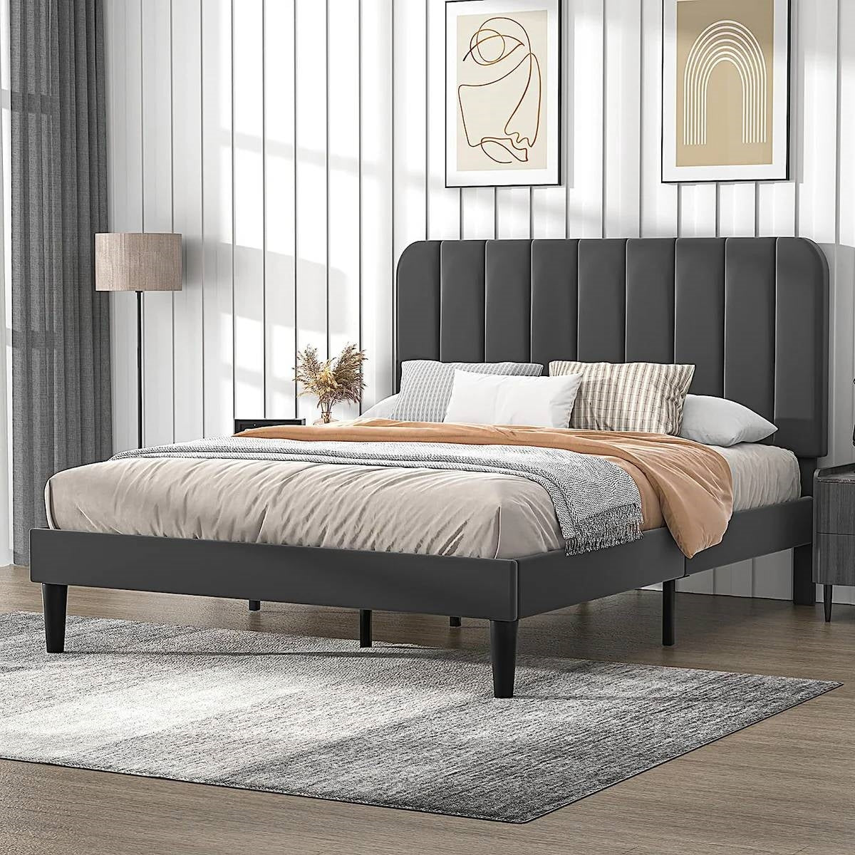 Queen size Dark Grey Upholstered Platform Bed Frame with Headboard-1