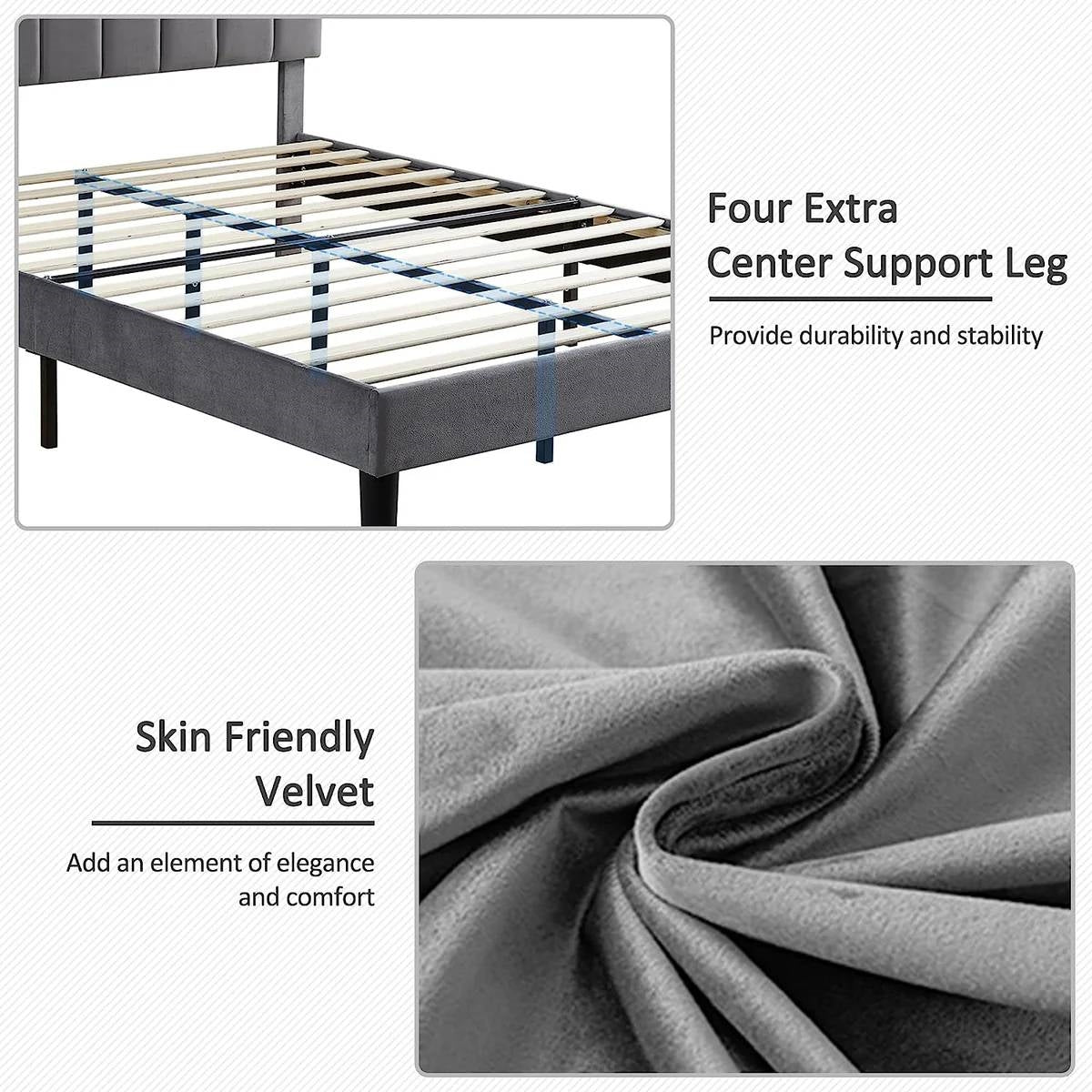 Queen size Dark Grey Upholstered Platform Bed Frame with Headboard-3
