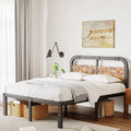 Queen Heavy Duty Black Metal Bed Frame with Solid Wood Panel Headboard-0