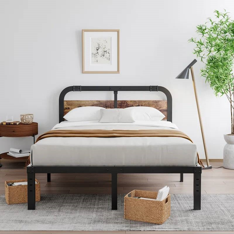 Queen Heavy Duty Black Metal Bed Frame with Solid Wood Panel Headboard-1