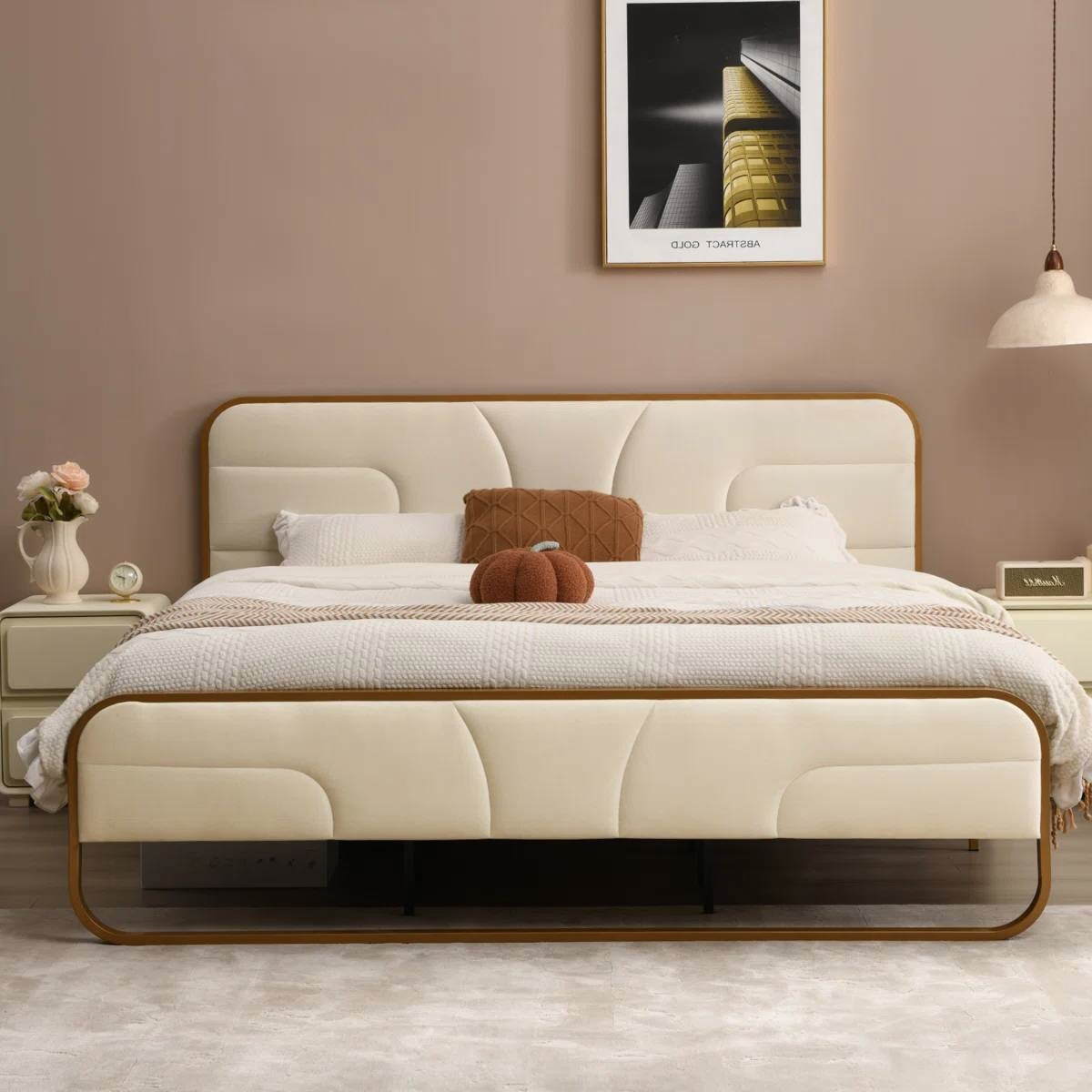 Queen Beige Upholstered Headboard Footboard Platform Bed with Gold Metal Frame-1