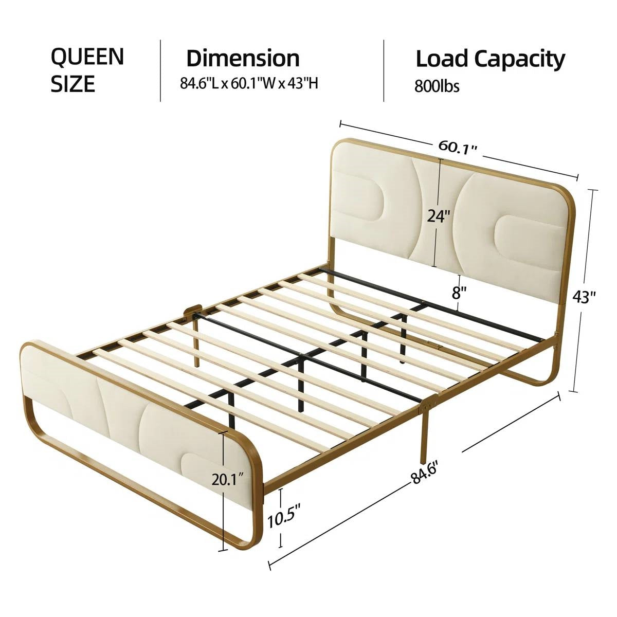 Queen Beige Upholstered Headboard Footboard Platform Bed with Gold Metal Frame-4