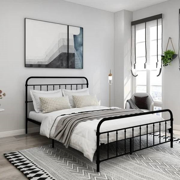 Queen Classic Farmhouse Black Metal Bed Frame with Rounded Headboard Footboard-0