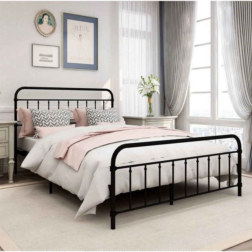 Queen Classic Farmhouse Black Metal Bed Frame with Rounded Headboard Footboard-1