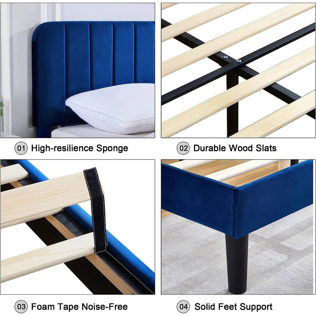 Queen size Blue Upholstered Platform Bed Frame with Headboard-2