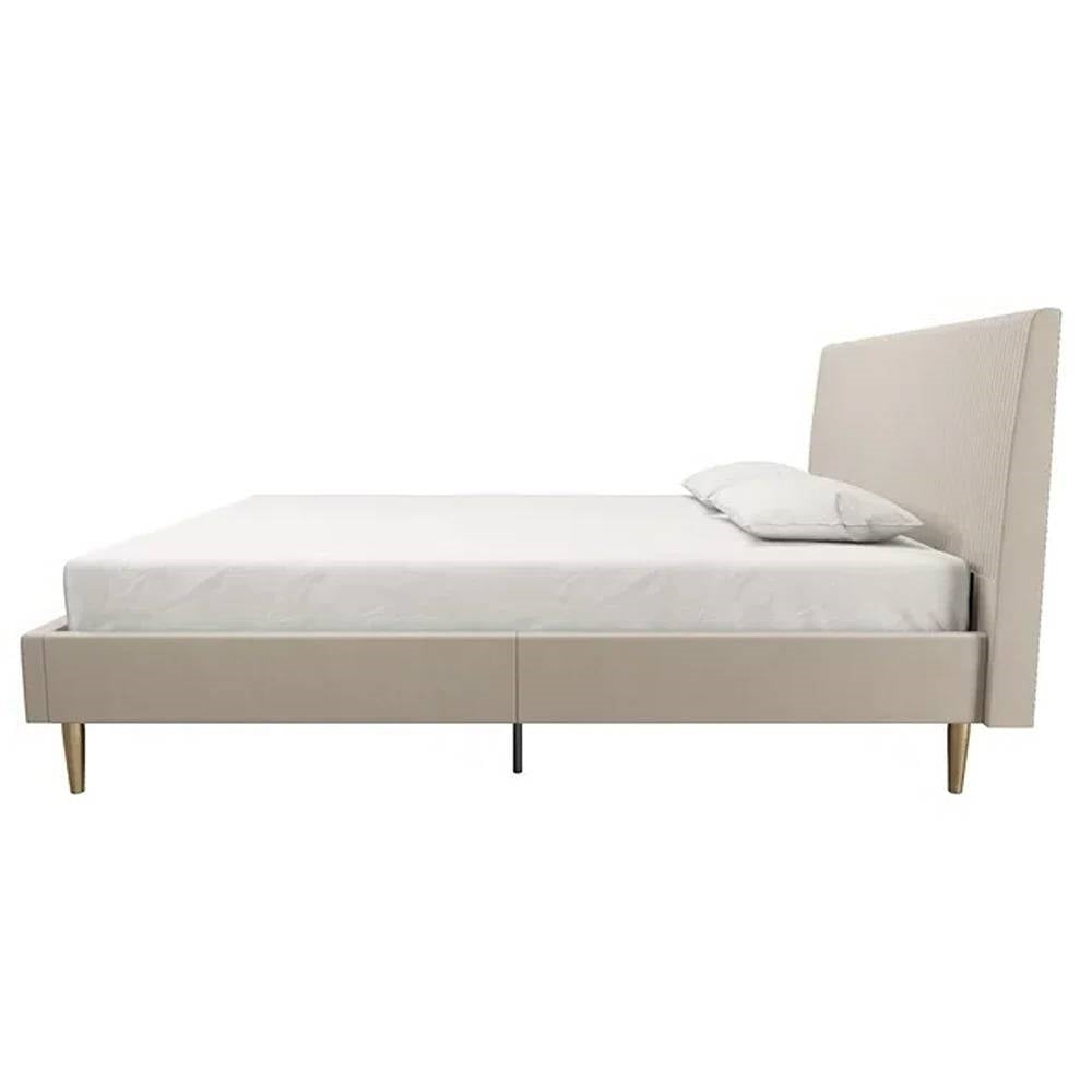 Queen Mid-Century Ivory Cream Velvet Upholstered Platform Bed with Headboard-1