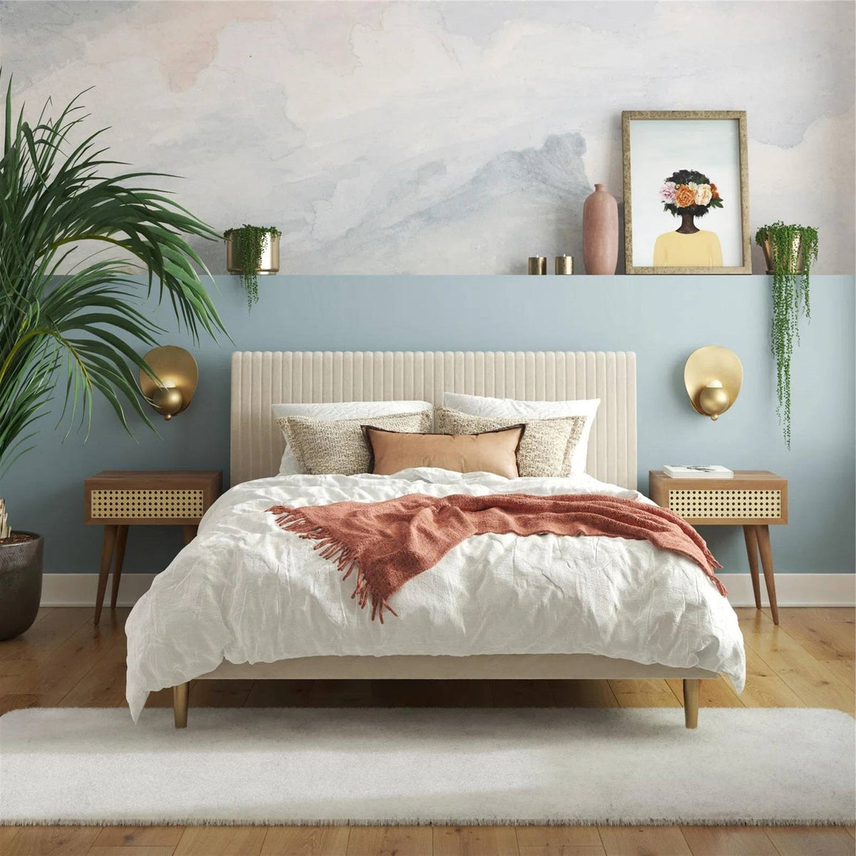 Queen Mid-Century Ivory Cream Velvet Upholstered Platform Bed with Headboard-3