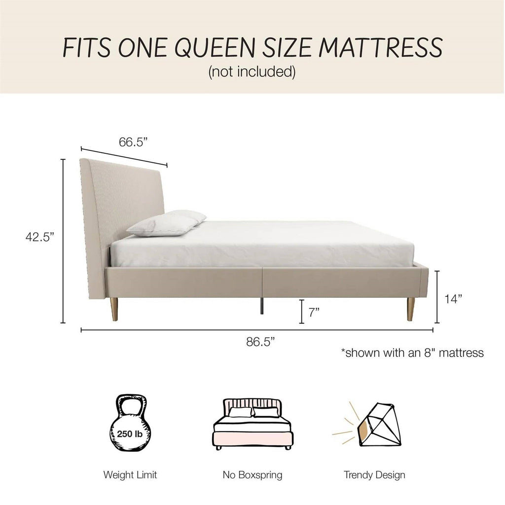 Queen Mid-Century Ivory Cream Velvet Upholstered Platform Bed with Headboard-4