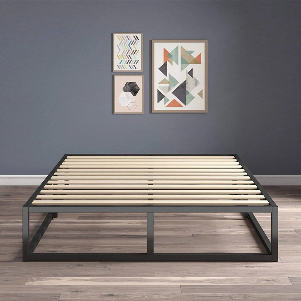Queen size 10-inch Low Profile Modern Metal Wood Slat Platform Bed Frame-0
