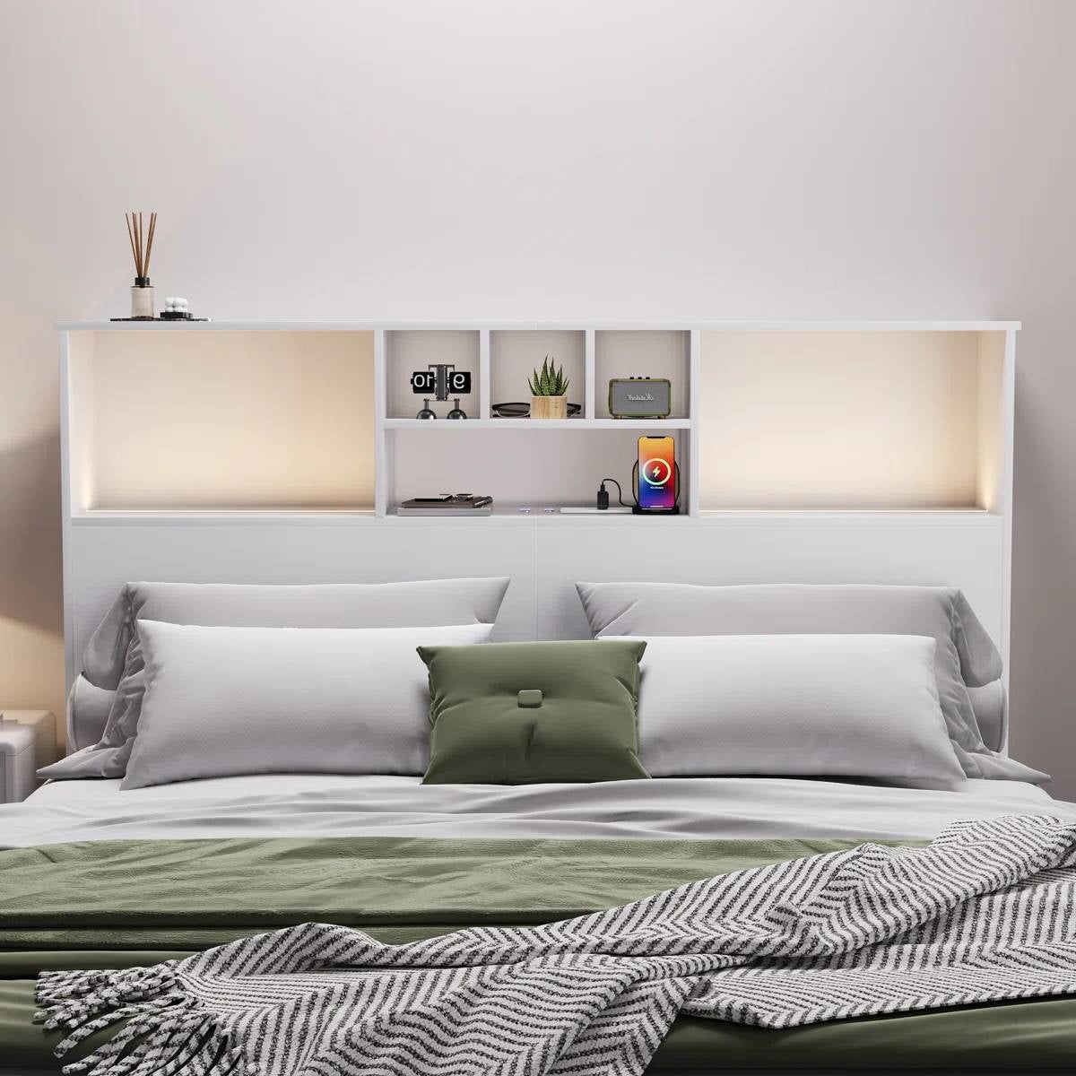 Queen size Bookcase Headboard in White Wood Finish with LED Lights-0