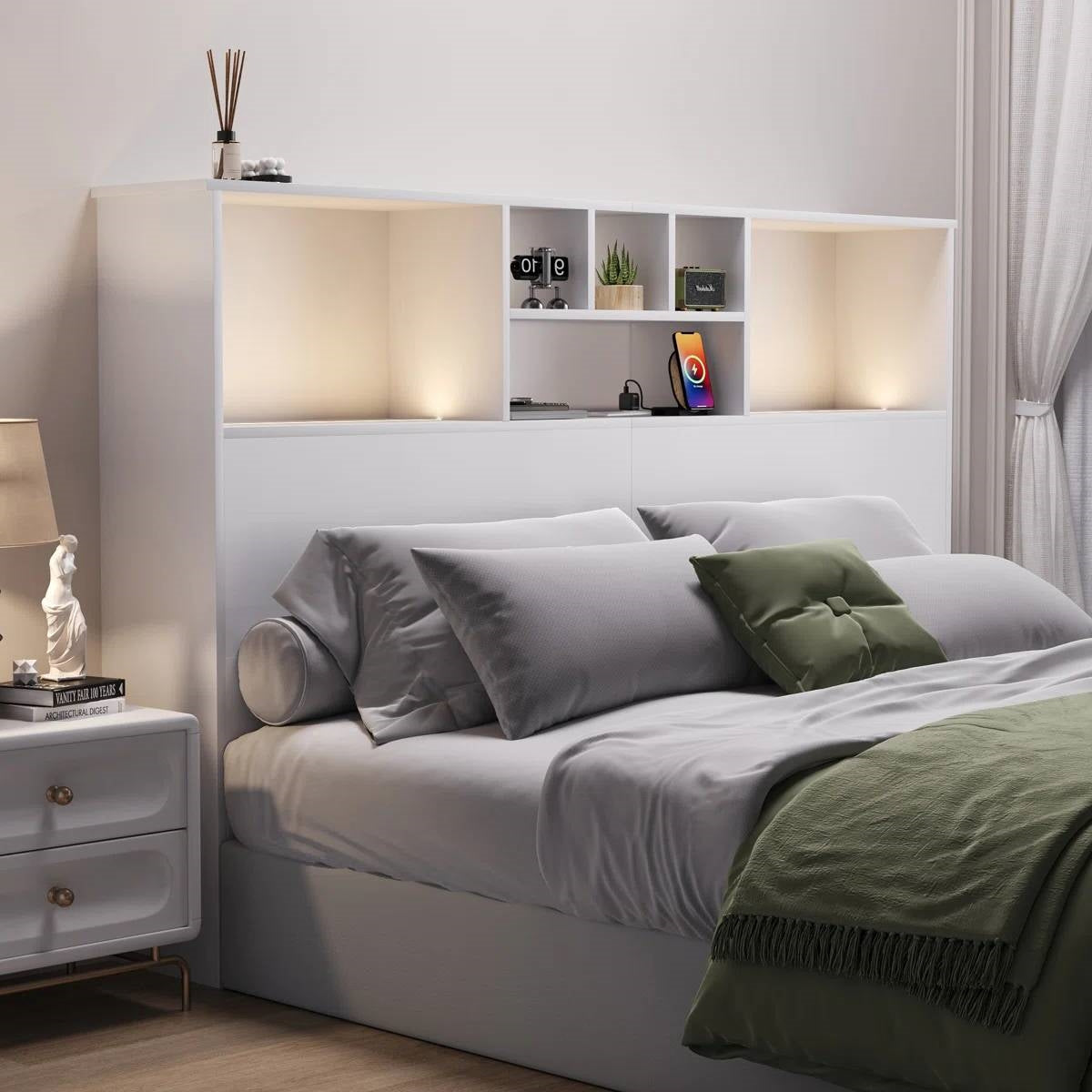 Queen size Bookcase Headboard in White Wood Finish with LED Lights-1