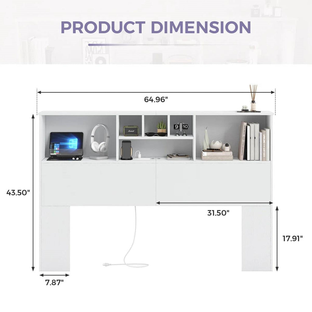 Queen size Bookcase Headboard in White Wood Finish with LED Lights-4