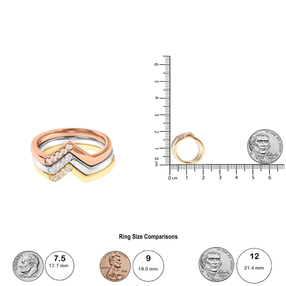 14K Gold 1/4 Cttw Diamond Geometrical Chevron V Stackable Band Ring Set (G-H Color, SI1-SI2 Clarity) - Size 7-4