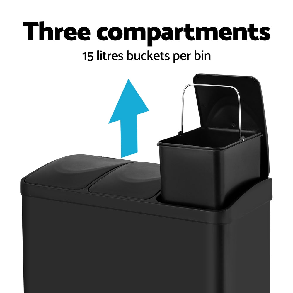 NNEDSZ Pedal Bins Rubbish Bin Triple Compartments Waste Recycle Dustbins 45L-3