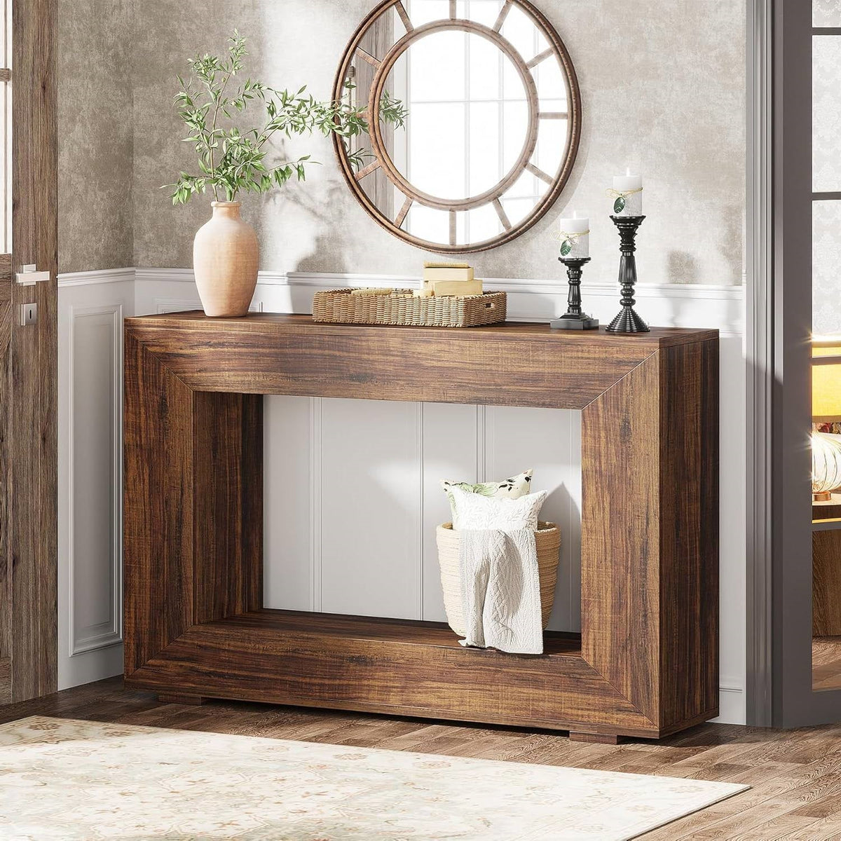 Modern Farmhouse 47-inch Long Entryway Console Table in Rustic Brown Wood Finish-1