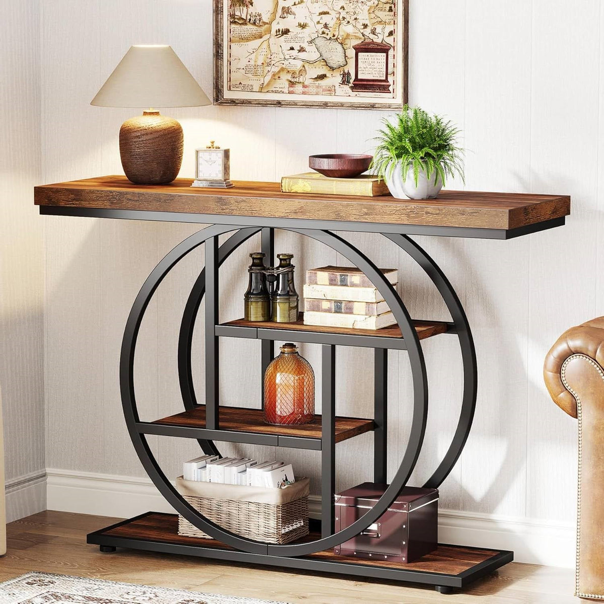Modern Industrial 41-inch Long Narrow Entryway Foyer Console Table with Shelves-1
