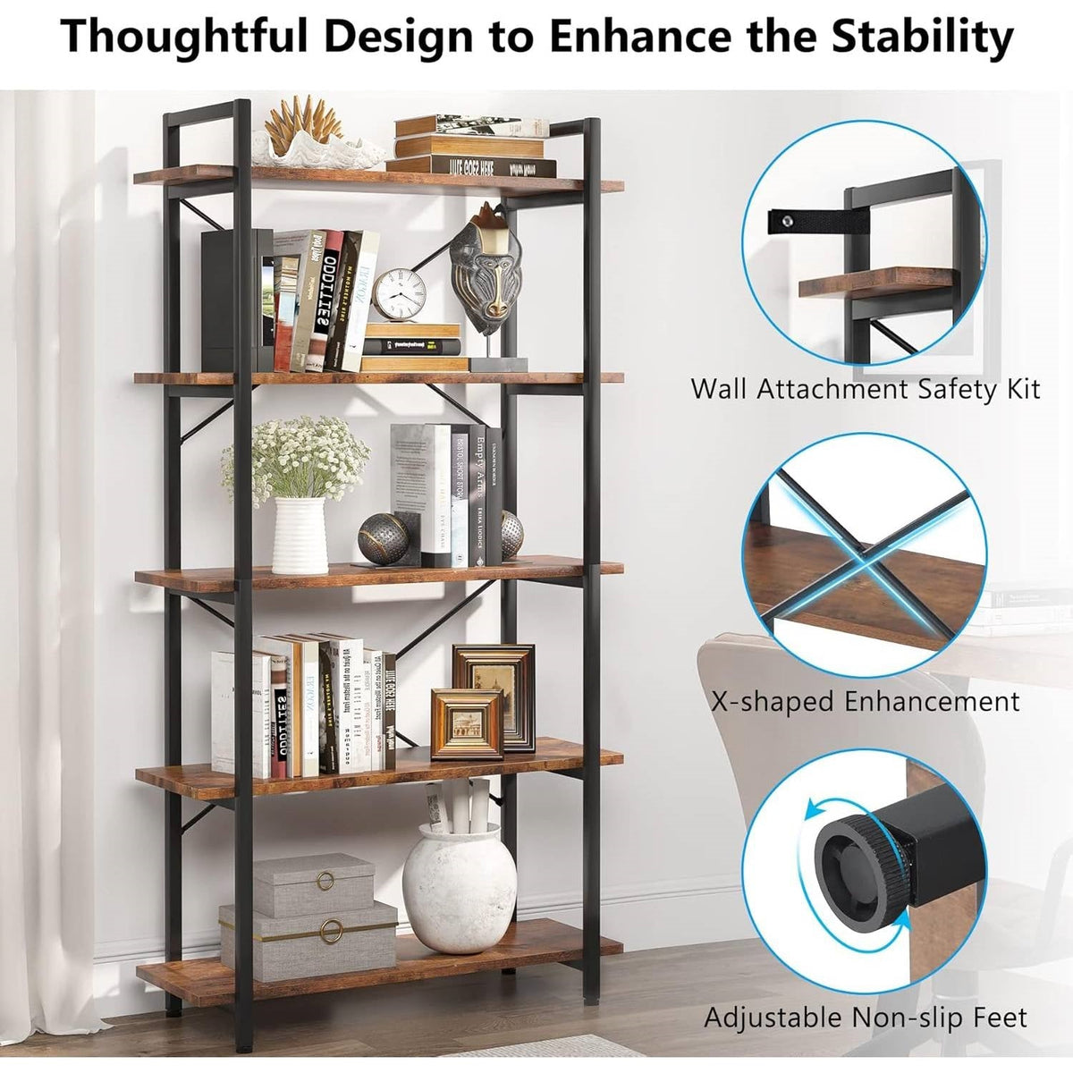 Modern Industrial 5-Shelf Bookcase with Sturdy Metal Frame and Wooden Shelves-3