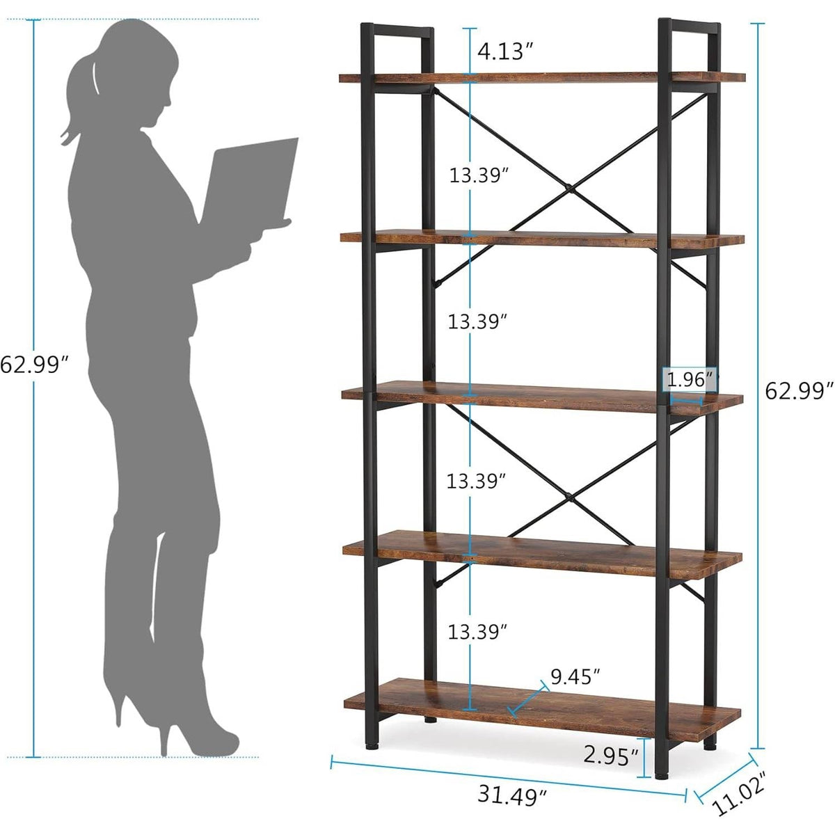 Modern Industrial 5-Shelf Bookcase with Sturdy Metal Frame and Wooden Shelves-4