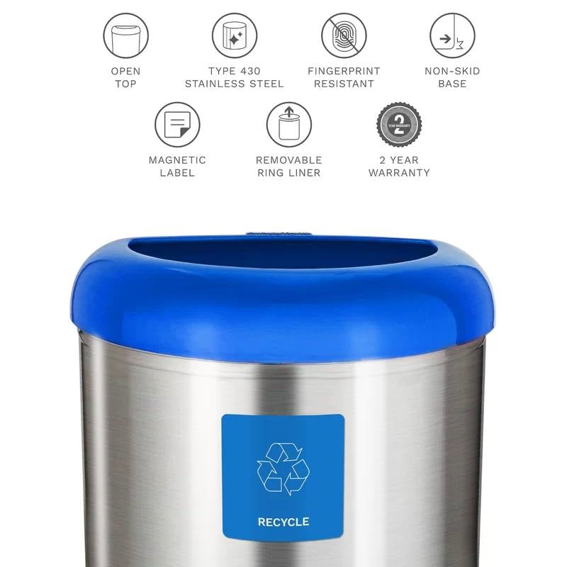 13-Gallon Stainless Steel Recycle Bin with Blue Open Top-3