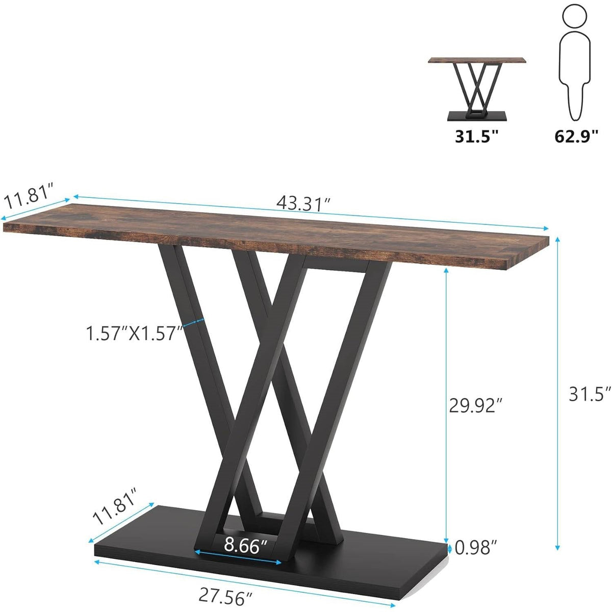 Modern 43-inch Narrow Entryway Table with Brown Wood Top and Black Metal Frame-4