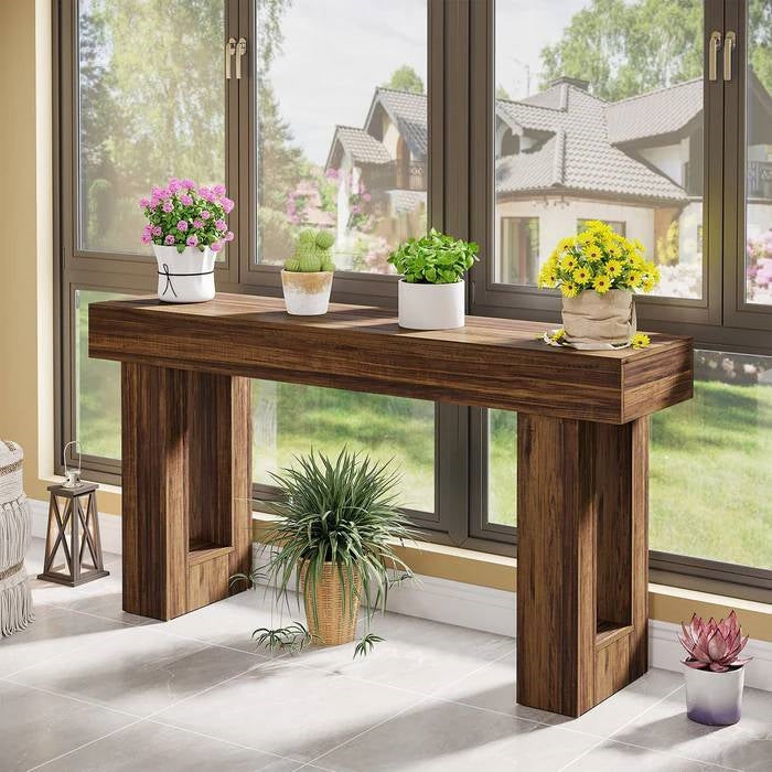 Modern Farmhouse 63-inch Long Narrow Console Sofa Table in Brown Wood Finish-0