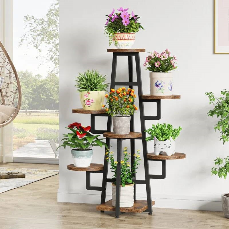 Modern Indoor Multi-Tier Plant Stand with Black Metal Frame and Wood Shelves-1